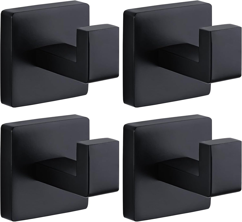Pack 4 Ganchos de Pared Fenas Negro Mate - Acero Inoxidable, 15 kg, Baño, Cocina y Dormitorio