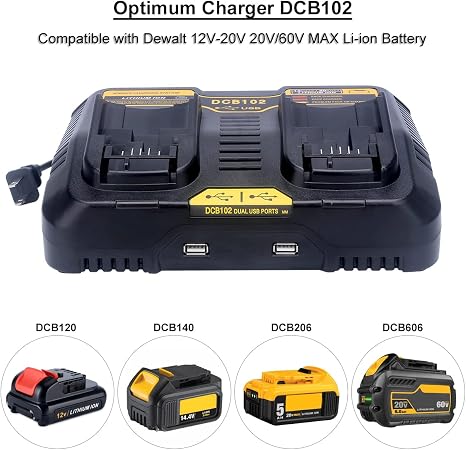 Biswaye DCB102 Cargador dual rápido compatible con batería de litio De-Walt 12V-20V MAX DCB206 DCB207 DCB609 DCB120 DCB124 estación de cargador DCB112 DCB115 DCB104 con puerto USB