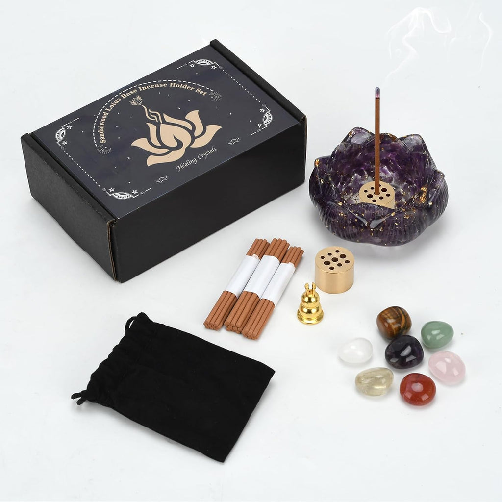 Set de Incensario de Loto de Cristal | Cuenco Decorativo con Flor de Loto 3.15x3.15x1.5 Pulgadas | Soporte para Inciensos en Barra y Cono con Recogedor de Ceniza | Morado