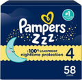 Pañales Pampers ZZZ para la noche, talla 4 (10-17 kg), 58 unidades, protección nocturna desechable para bebés, protección contra fugas y para la piel.