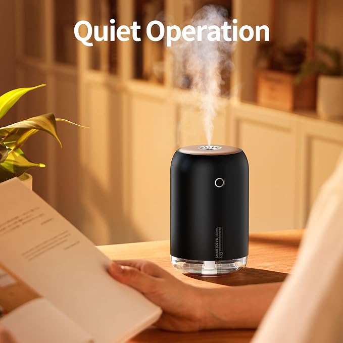 Humidificador portátil pequeño SmartDevil, mini humidificador de escritorio de 500 ml, humidificador personal USB para dormitorio, oficina, viajes, plantas, apagado automático, 2 modos de niebla, súper silencioso, negro