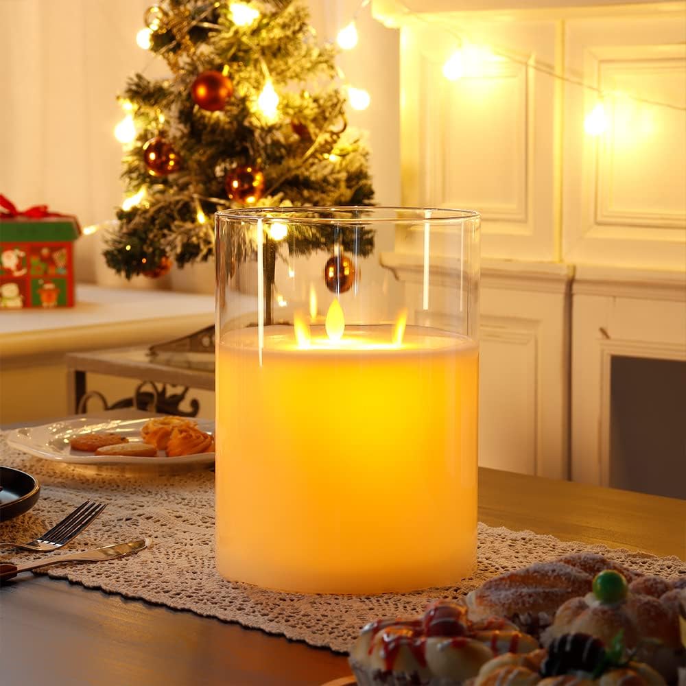 Velas sin llama de vidrio de 3 mechas JHY DESIGN de 20 cm de alto, funcionan con pilas, con llama danzante, luz LED parpadeante y temporizador de 6 horas. Vela de cera real con mecha móvil para el hogar, bodas, fiestas y festivales.