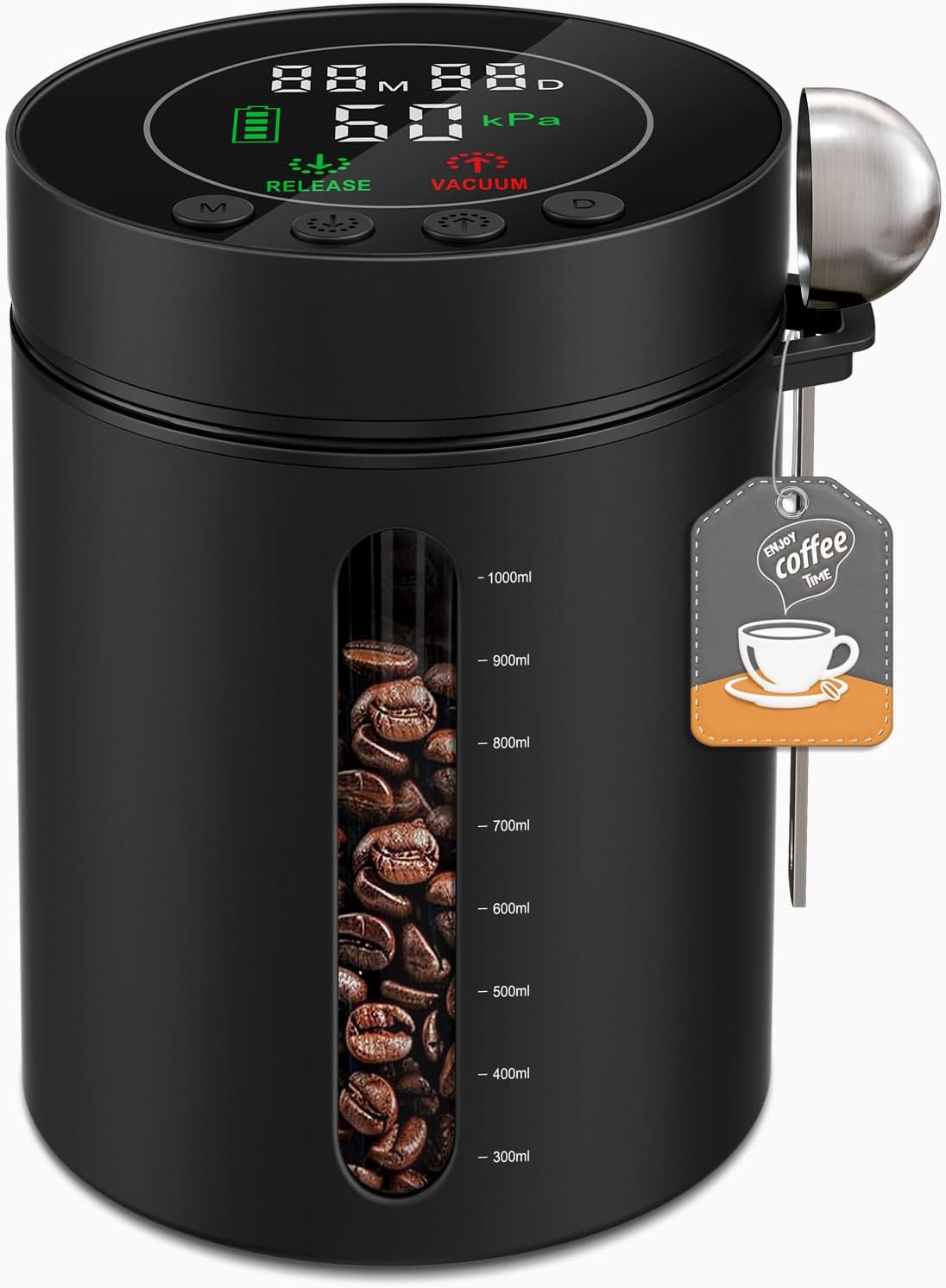 Recipiente automático al vacío para café, contenedor de café de 1,3 L con sensor de presión inteligente, pantalla LED, ventana, cuchara medidora, recargable, hermético, para almacenar granos de café, alimentos molidos y té en la cocina del hogar.