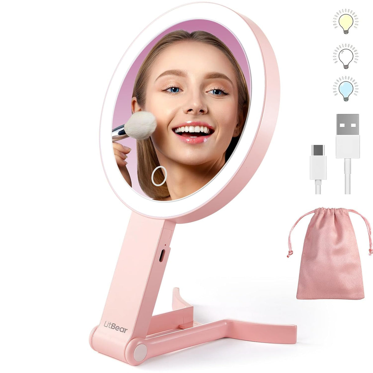 Espejo de maquillaje de viaje LitBear con luces, espejo de aumento recargable de doble cara 10X/1X, espejo de belleza portátil con luz, iluminación de 3 colores, pantalla táctil regulable, soporte de mesa, para colgar (rosa).