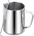 Jarra de espuma de leche, taza espumadora de leche al vapor, jarra de leche de barista capuchino latte Art con bolígrafo decorativo, accesorios de barra de café espresso de acero inoxidable (plata, 14 onzas)