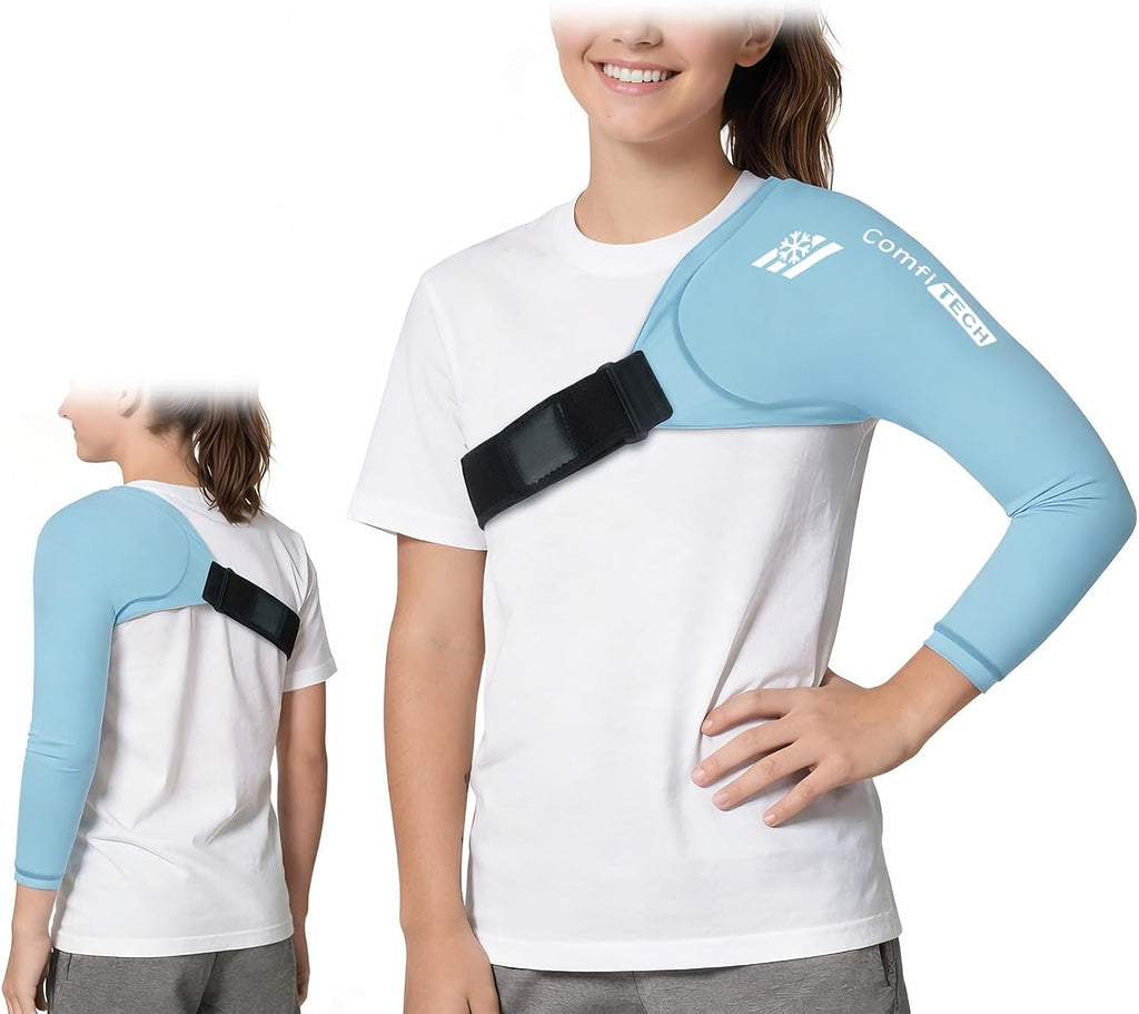 ComfiTECH Paquete de hielo para hombro y brazo para jóvenes lanzadores, manga de hielo para brazo para jugadores de voleibol adolescentes, aplicación de frío flexible para recuperación de lanzamiento, comodidad para la articulación y los músculos del