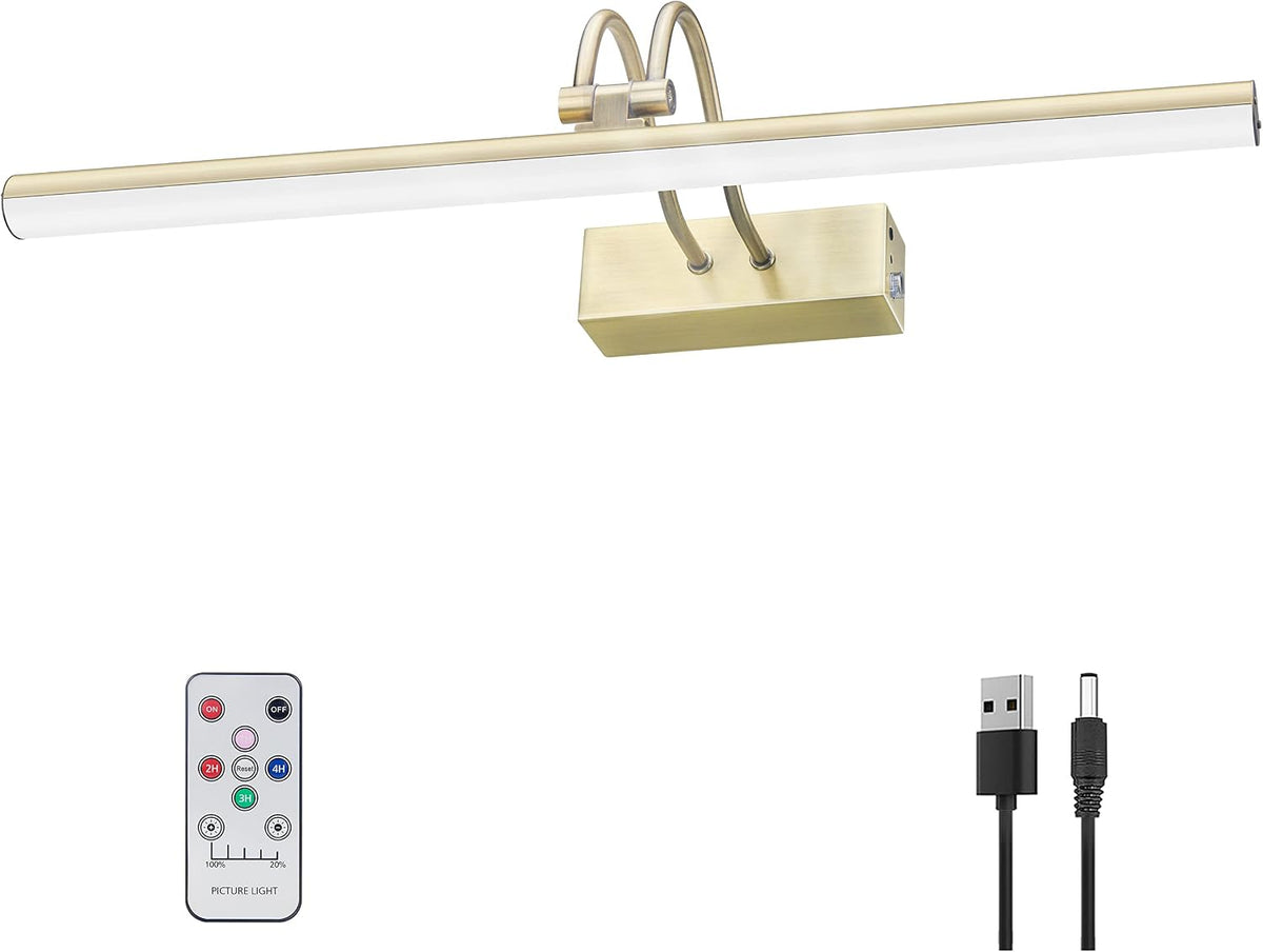 Luz LED Inalámbrica para Cuadros 40 cm | Recargable 5000mAh, Control Remoto, Dimmer y Temporizador — Acabado Bronce Antiguo