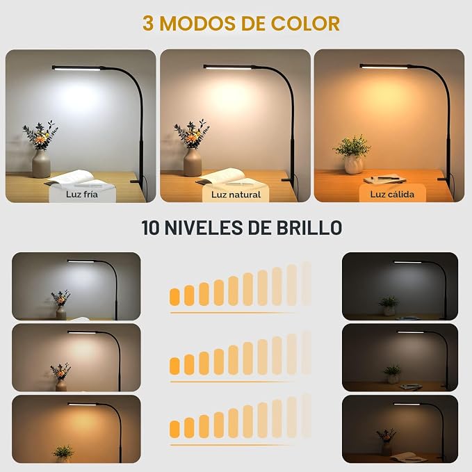 Voncerus Lámpara de escritorio LED con abrazadera, luces de clip para el cuidado de los ojos para el hogar y la oficina, 3 modos 10 niveles de brillo, cuello de ganso flexible largo, lámparas de mesa