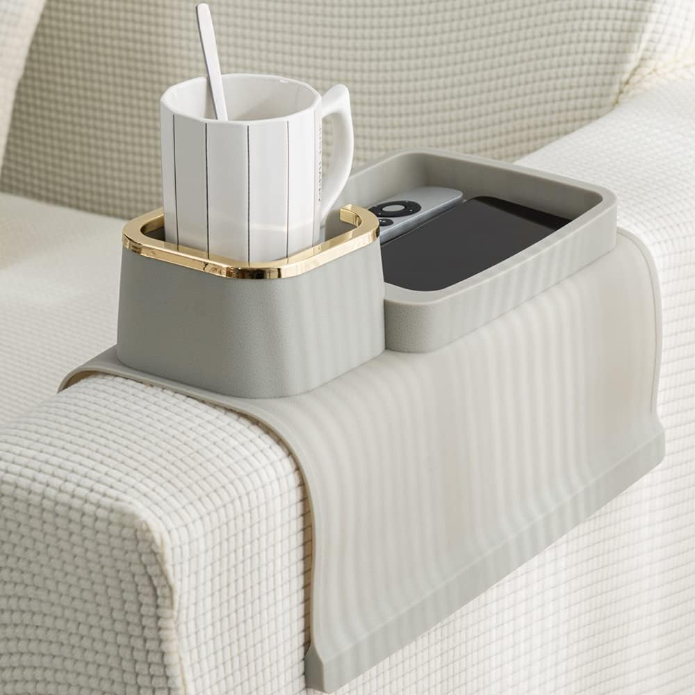 Couch Cup Holder Tray, Elimiko Silicone Anti-Spill and Anti-Slip Couch Drink Holder, Strong and Weighted Phone/Remote/Snacks Sofa Cup Holder (Griege)