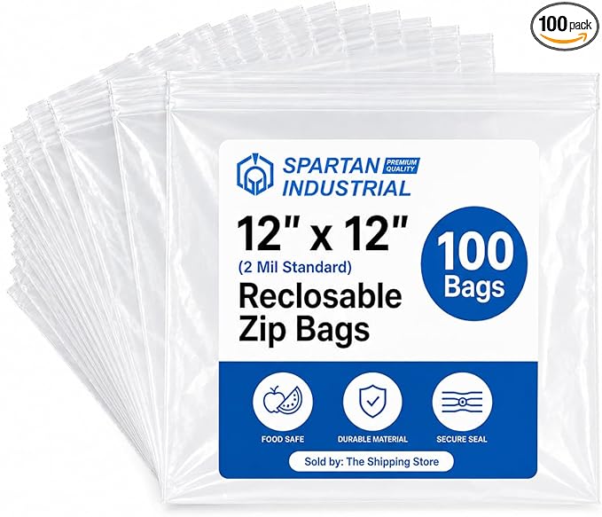 Spartan Industrial - 12 x 12 pulgadas (100 unidades) Bolsas de polietileno de plástico transparente con cierre de 2 mil con cierre resellable y cierre de cierre resellable