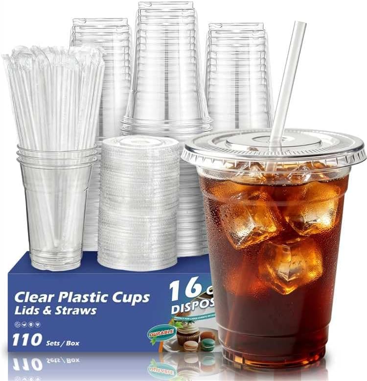 110 Pack 16 oz Disposable Clear Plastic Cups with Lids and Straws | To Go,BPA-Free,Heavy Duty,Leak-Resistant,for Iced Coffee,Cold Drink,Smoothie,Matcha,Juice,Dirty Soda,Party,Medium Size,Bulk
