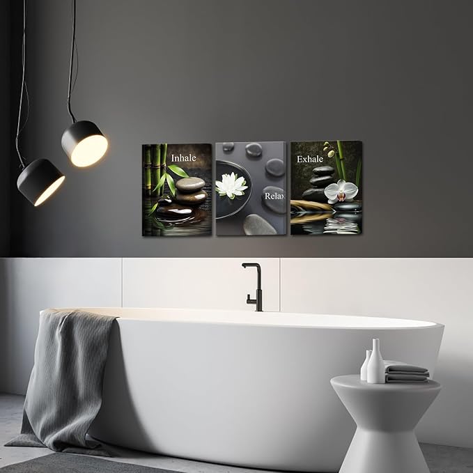Cuadros Zen FuShvre 3 Paneles Enmarcados 12"x16" | Bambú, Loto y Orquídea para Baño y Meditación