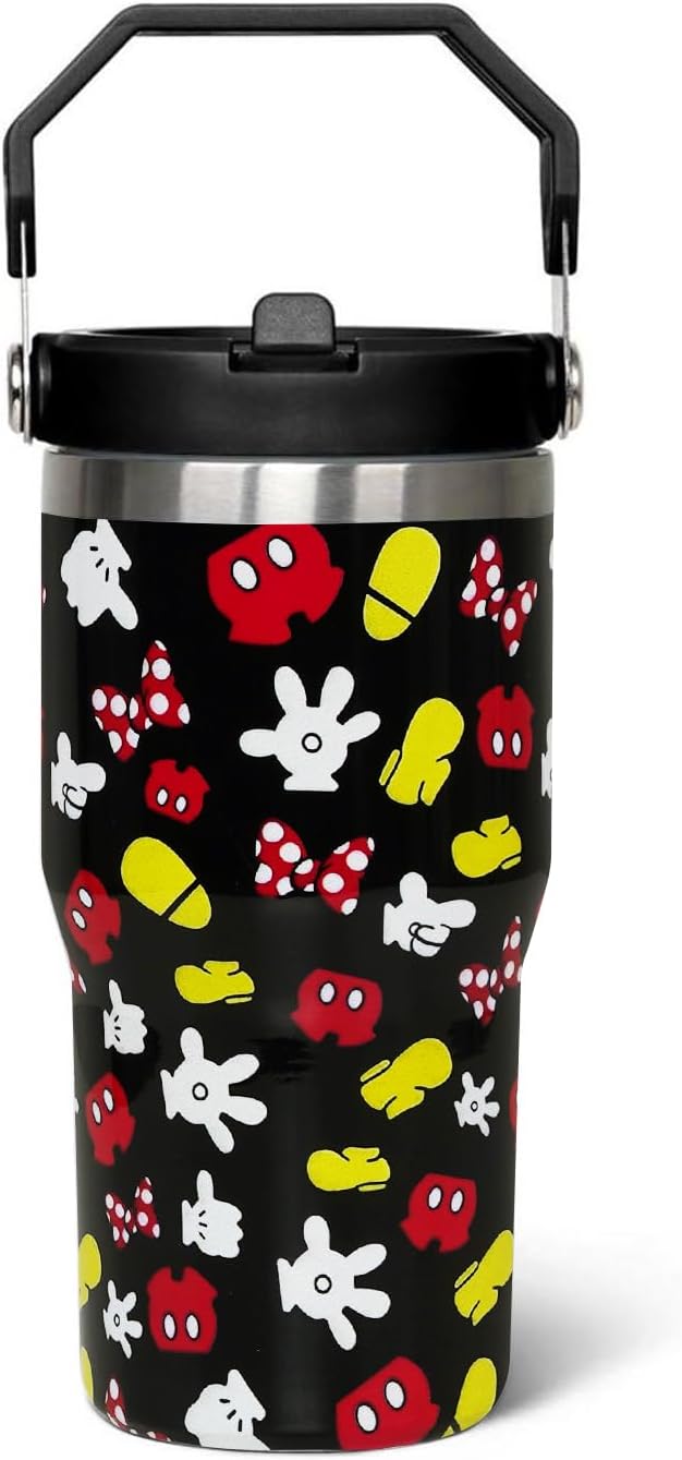 Sxdcfrs Vaso Termico Diseno Raton Caricatura 20oz | con Tapa, Pajilla Abatible y Asa | Acero Inoxidable Aislado | Negro | Regalo