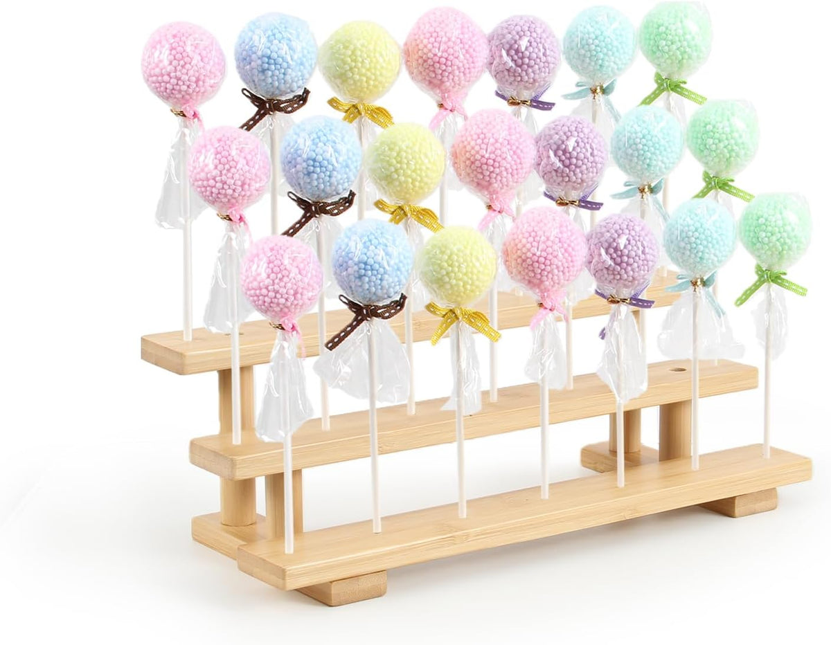Soporte para cake pops de bambú de 3 niveles Aimto, juego de 1, soporte para piruletas de 21 agujeros, soporte para piruletas para bodas, baby showers, cumpleaños, aniversarios, fiestas y decoración de dulces.
