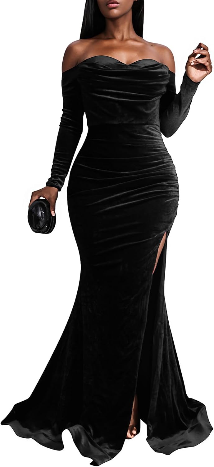 Vestido Maxi de Terciopelo Vakkest – Manga Larga, Hombros Descubiertos, Abertura Alta, Tallas Plus