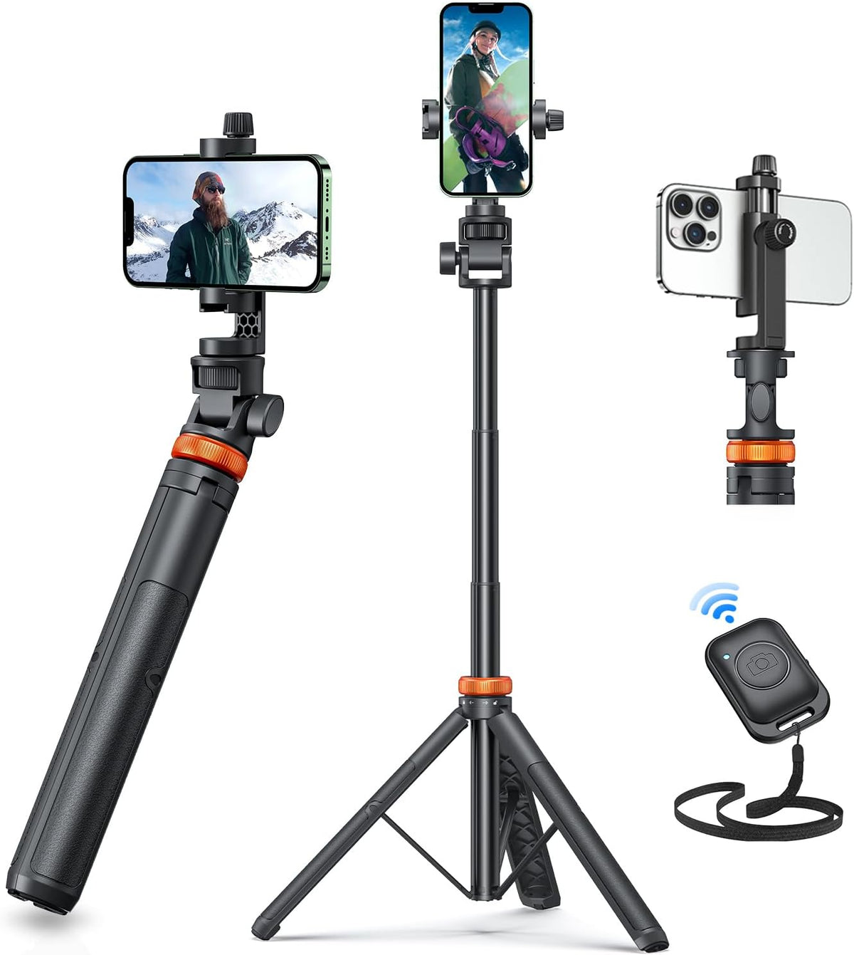 Trípode EUCOS 157.5 cm para Celular | 3 en 1: Trípode + Bastón de Selfie + Control Remoto | Extensible, Compatible con iPhone y Android