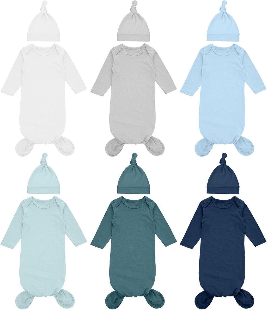 Conjunto de batas anudadas para bebé recién nacido Cuffbow de 0 a 6 meses, pijama de algodón de manga larga y gorro (6 unidades, azul)