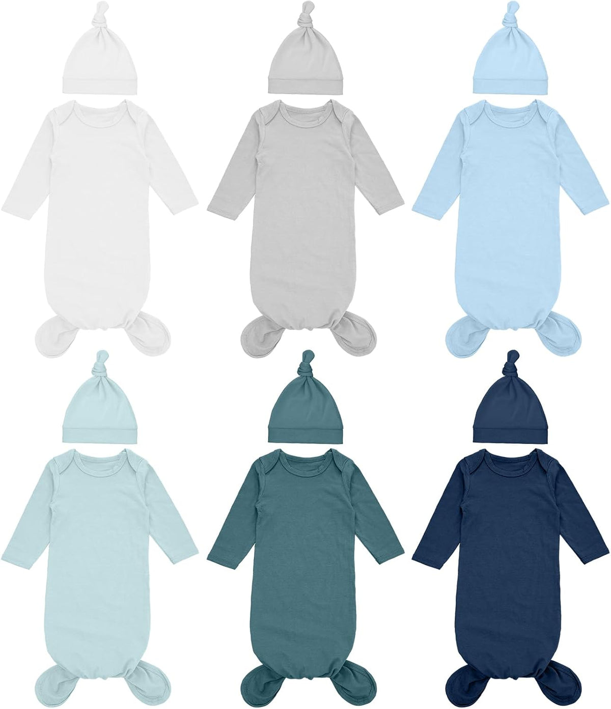 Conjunto de batas anudadas para bebé recién nacido Cuffbow de 0 a 6 meses, pijama de algodón de manga larga y gorro (6 unidades, azul)