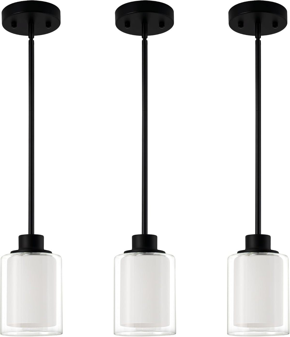 Lámparas Colgantes Mini Eidonta de 1 Luz, Paquete de 3 Lámparas Modernas Ajustables para Techo, Lámparas Colgantes Negras con Vidrio Dual para Isla de Cocina y Dormitorio