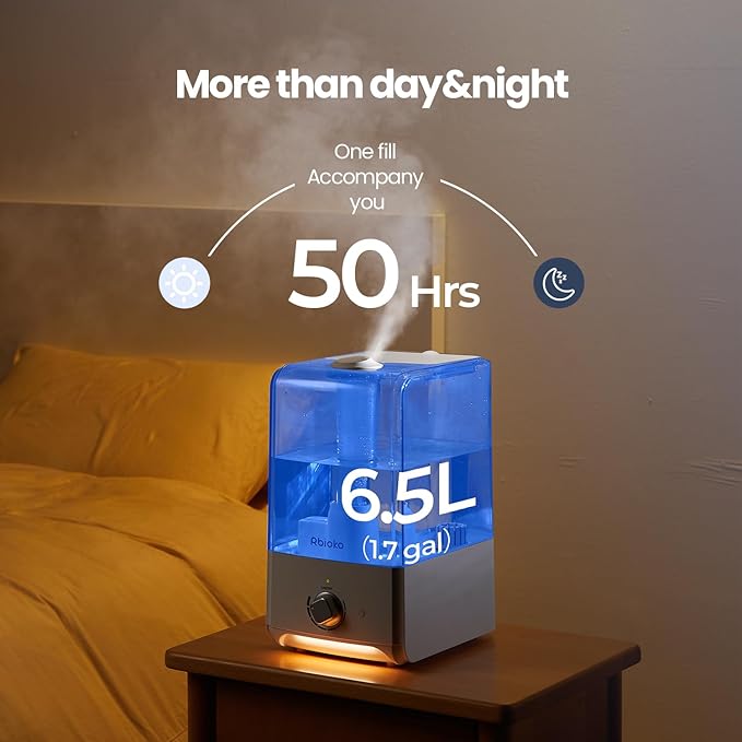 Humidificador Ultrasónico 6.5L | Niebla Fría | 50 Horas | Silencioso 28dB | Luz Nocturna | Blanco