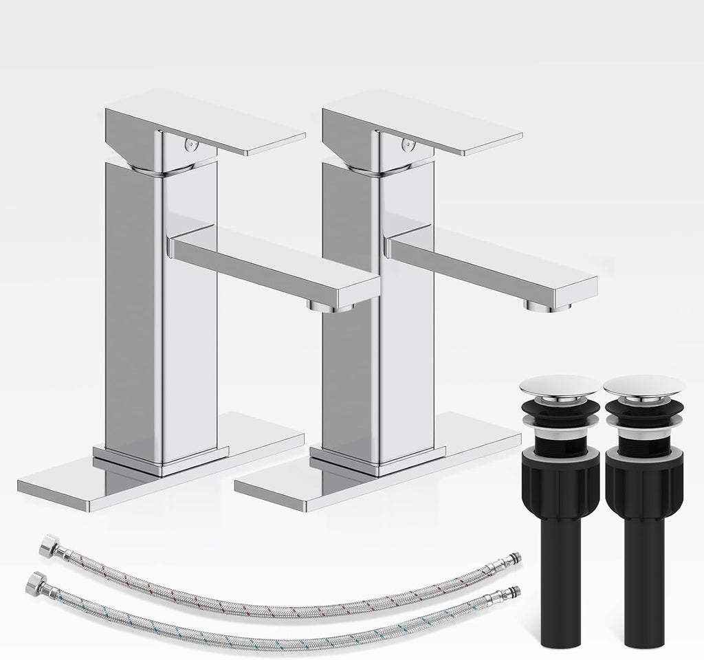 Casavilla Bathroom Faucet-2 Sets, Bathroom Sink Faucets with Pop-up Drain and Deck Plate, Stainless Steel Faucets for Sink 3 Hole, Single Handle Vanity Faucet for Vessel, Chrome