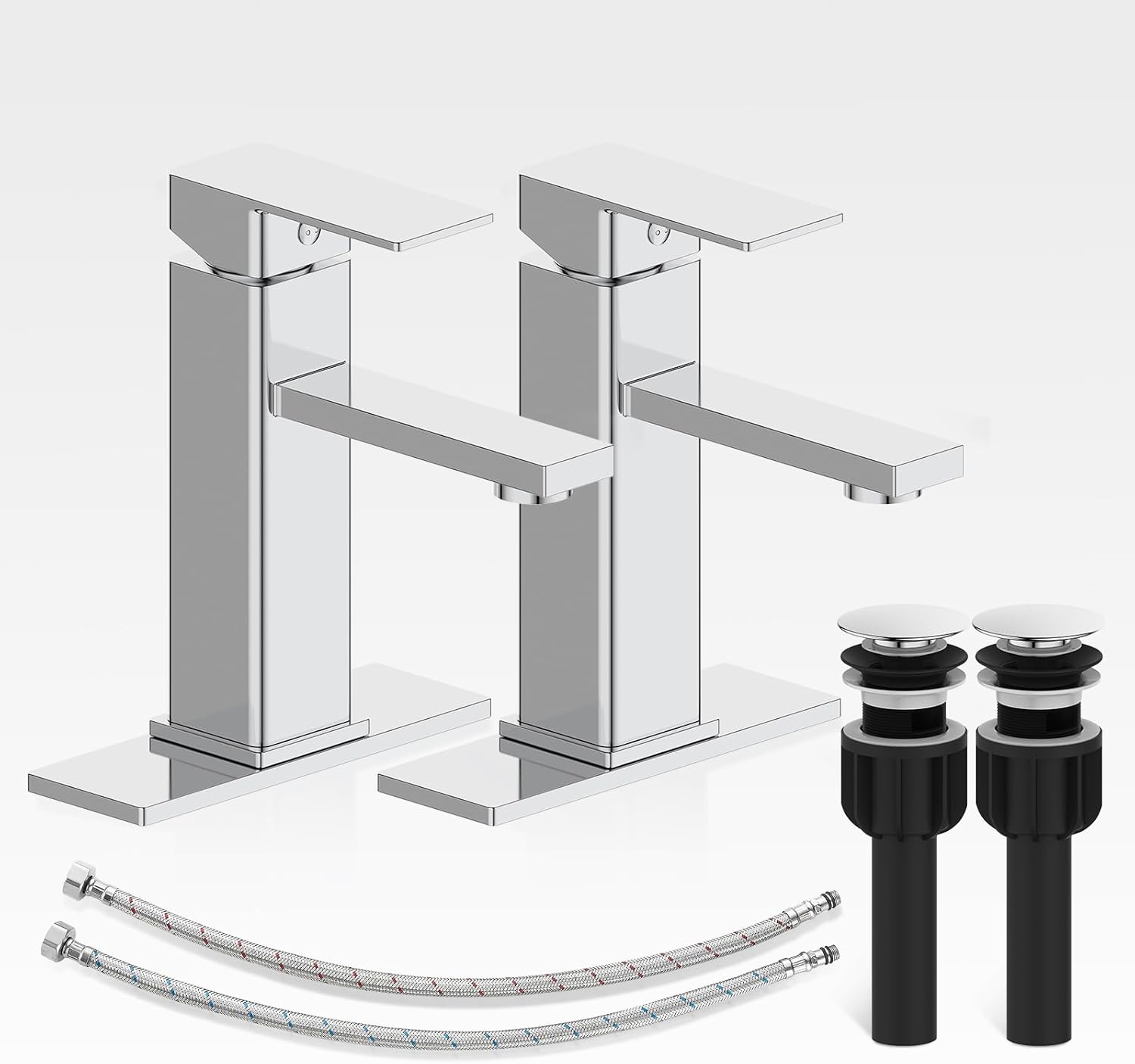 Casavilla Bathroom Faucet-2 Sets, Bathroom Sink Faucets with Pop-up Drain and Deck Plate, Stainless Steel Faucets for Sink 3 Hole, Single Handle Vanity Faucet for Vessel, Chrome