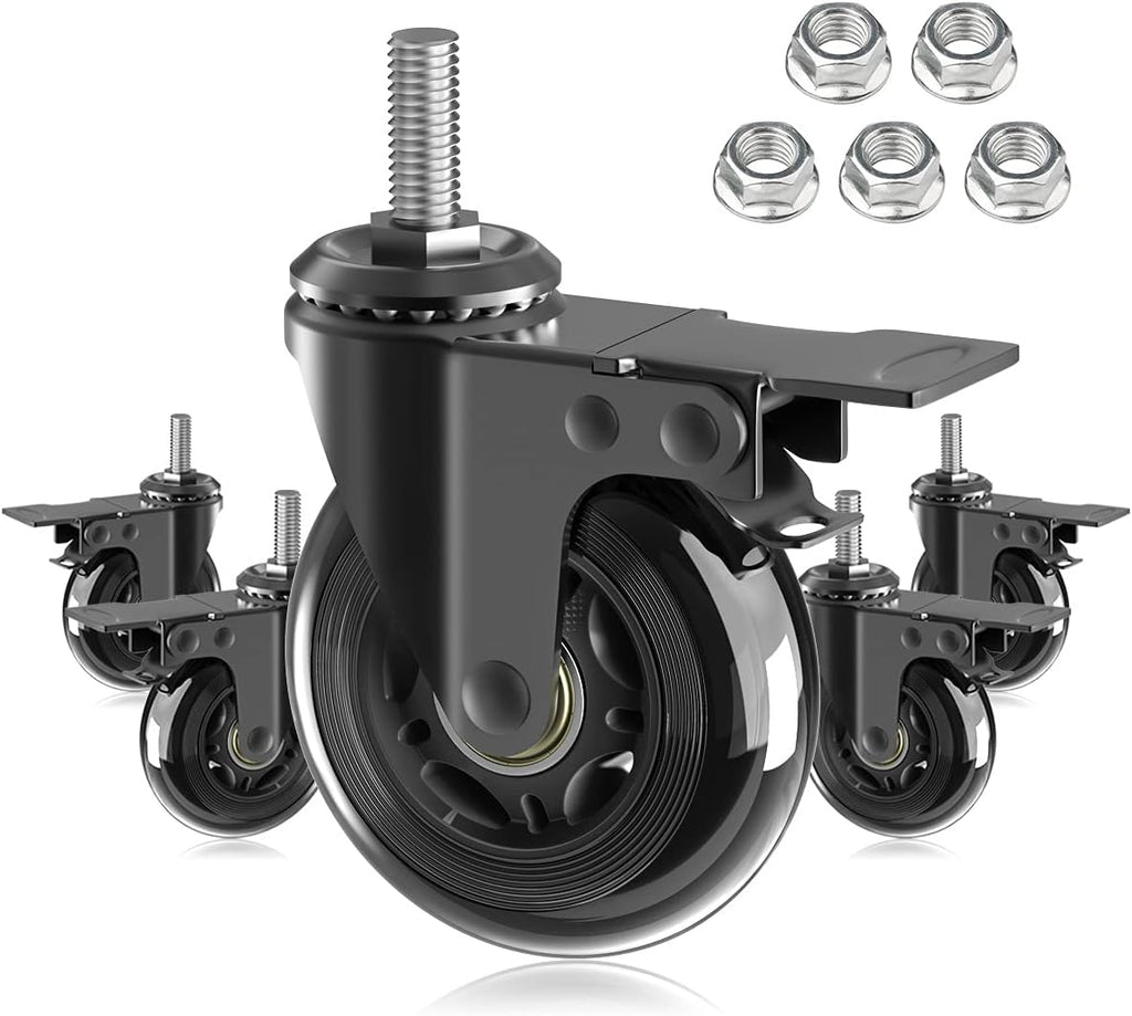 Paquete de 5 ruedas giratorias de 3" con doble bloqueo de seguridad, pernos de alta resistencia de 3/8"-16 UNC, ruedas de goma con freno, vástago roscado, giro de 360 ​​grados, protegen pisos de madera, alfombras y baldosas. 