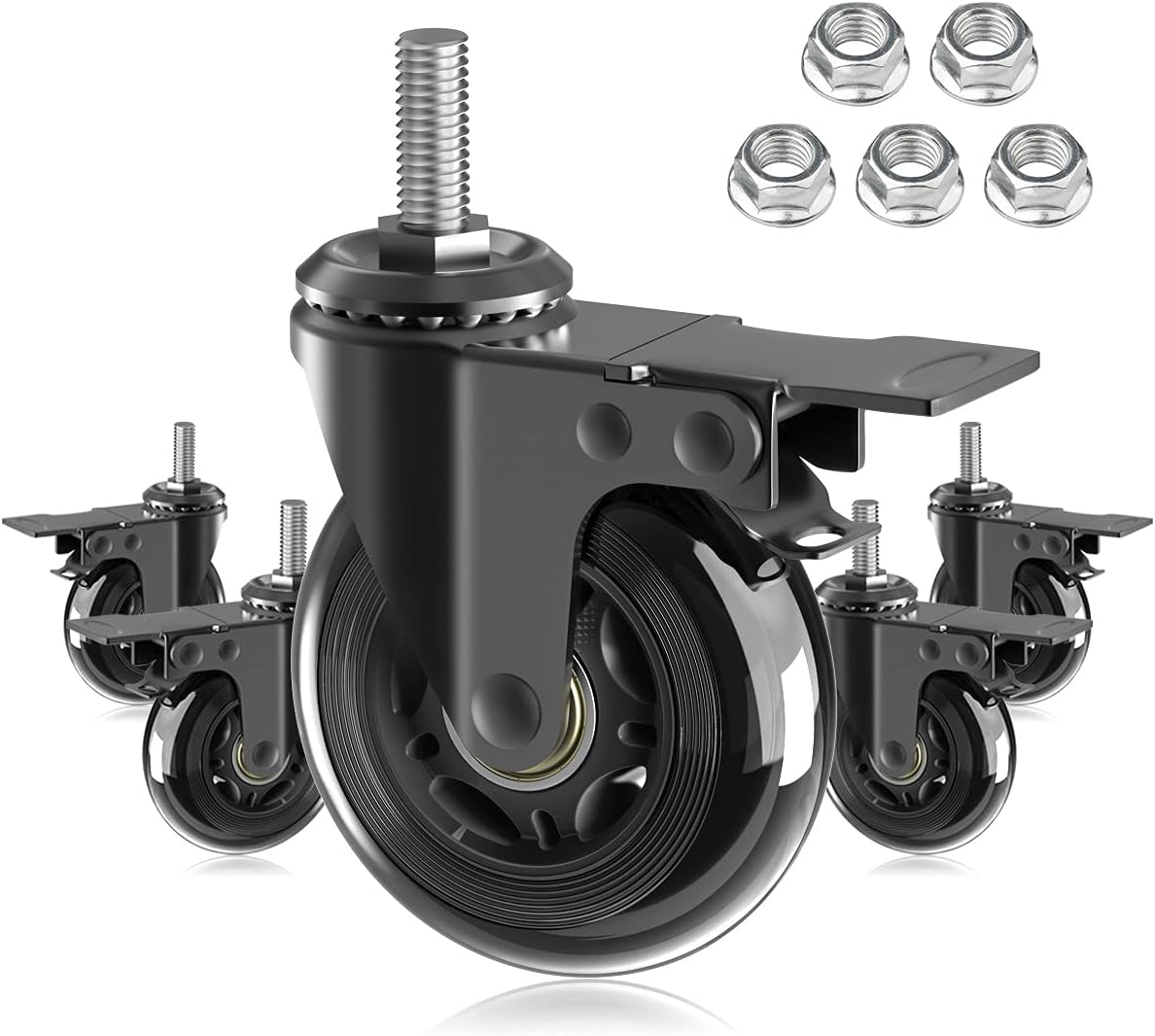 Set de 5 Ruedas Giratorias 3" con Freno Doble – Rosca 3/8"-16 UNC, Giro 360°, para Sillas y Muebles