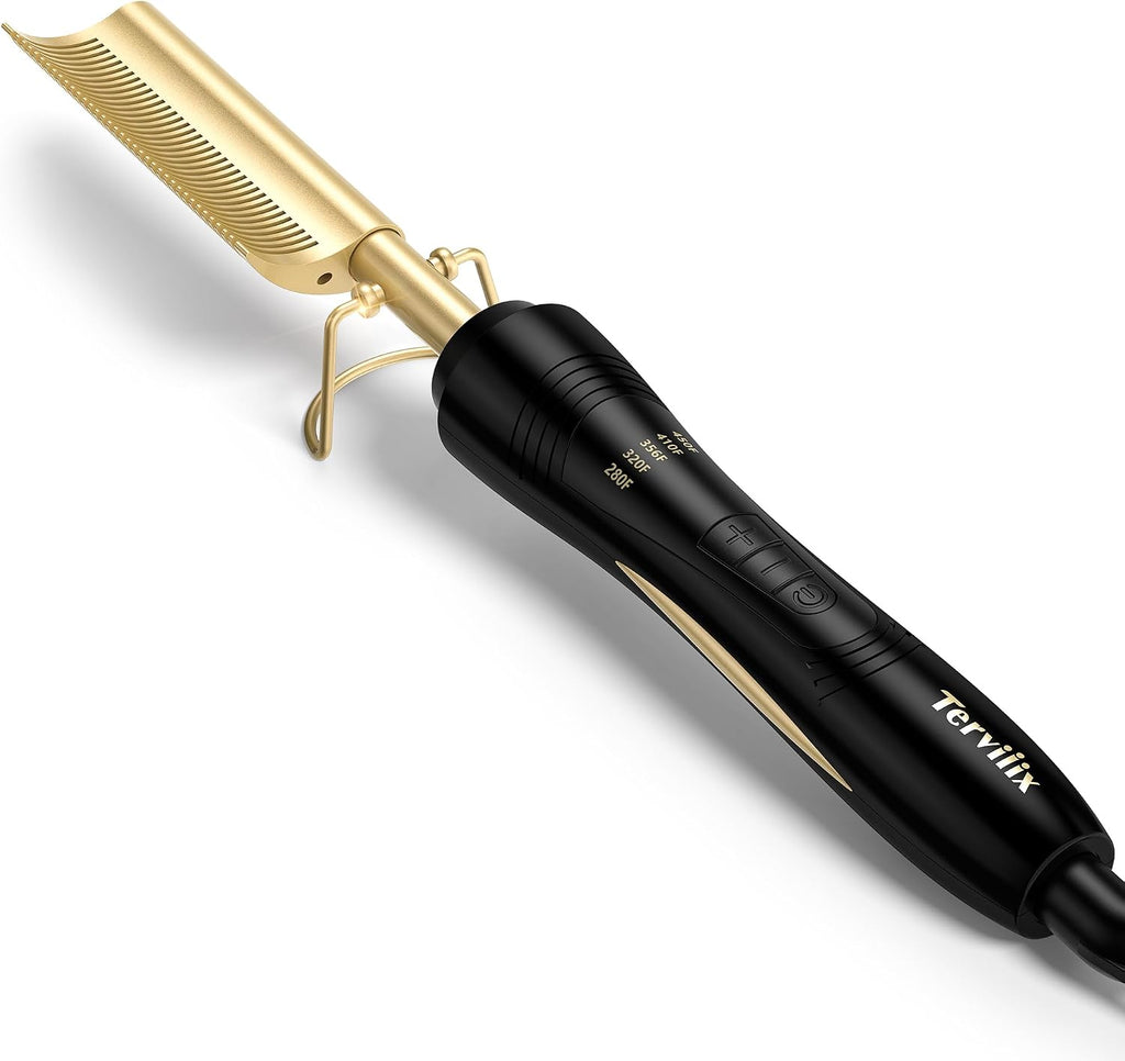 Peine térmico Terviiix para pelucas con encaje frontal, peines de presión con dientes curvos para cabello de mujeres negras, peine alisador anti-quemaduras, peine eléctrico con temperatura ajustable, apagado automático a los 60 minutos.