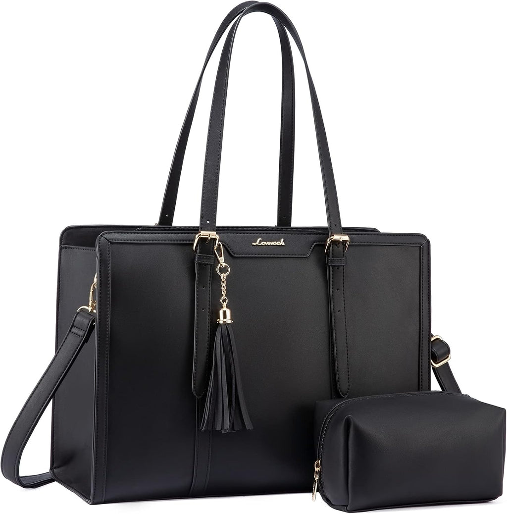 Bolso para portátil LOVEVOOK para mujer de 15,6 pulgadas, ligero, de PU, con gran capacidad y monedero para negocios, trabajo, oficina, viajes, escuela y ocasiones informales (negro y cuero).