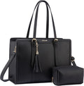 Bolso para portátil LOVEVOOK para mujer de 15,6 pulgadas, ligero, de PU, con gran capacidad y monedero para negocios, trabajo, oficina, viajes, escuela y ocasiones informales (negro y cuero).