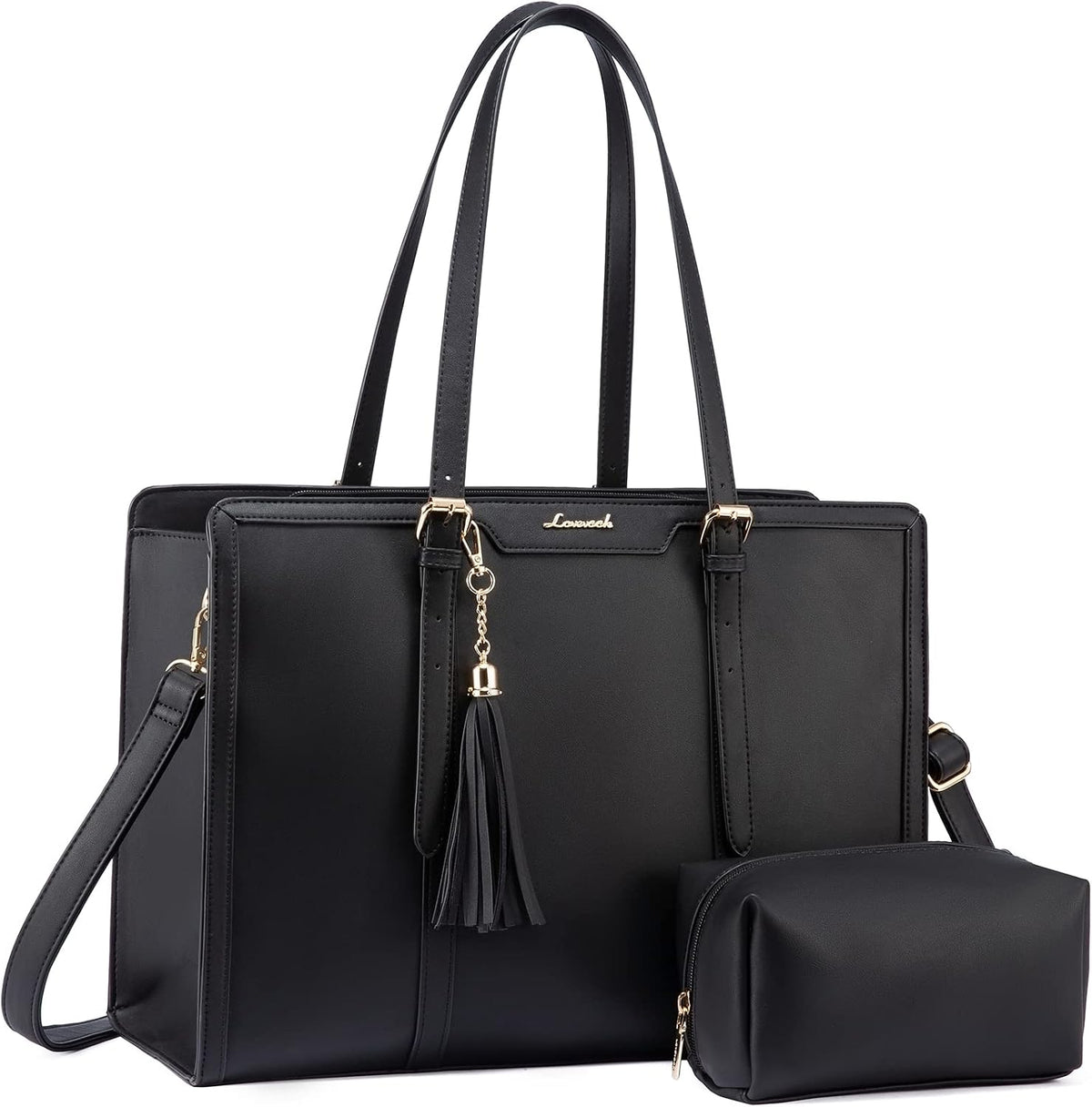Bolso para portátil LOVEVOOK para mujer de 15,6 pulgadas, ligero, de PU, con gran capacidad y monedero para negocios, trabajo, oficina, viajes, escuela y ocasiones informales (negro y cuero).
