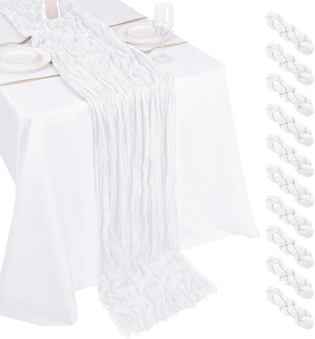 Set 10 Caminos de Mesa de Gasa Blanca Estilo Boho 17x108 Pulgadas – Decoración para Bodas y Eventos
