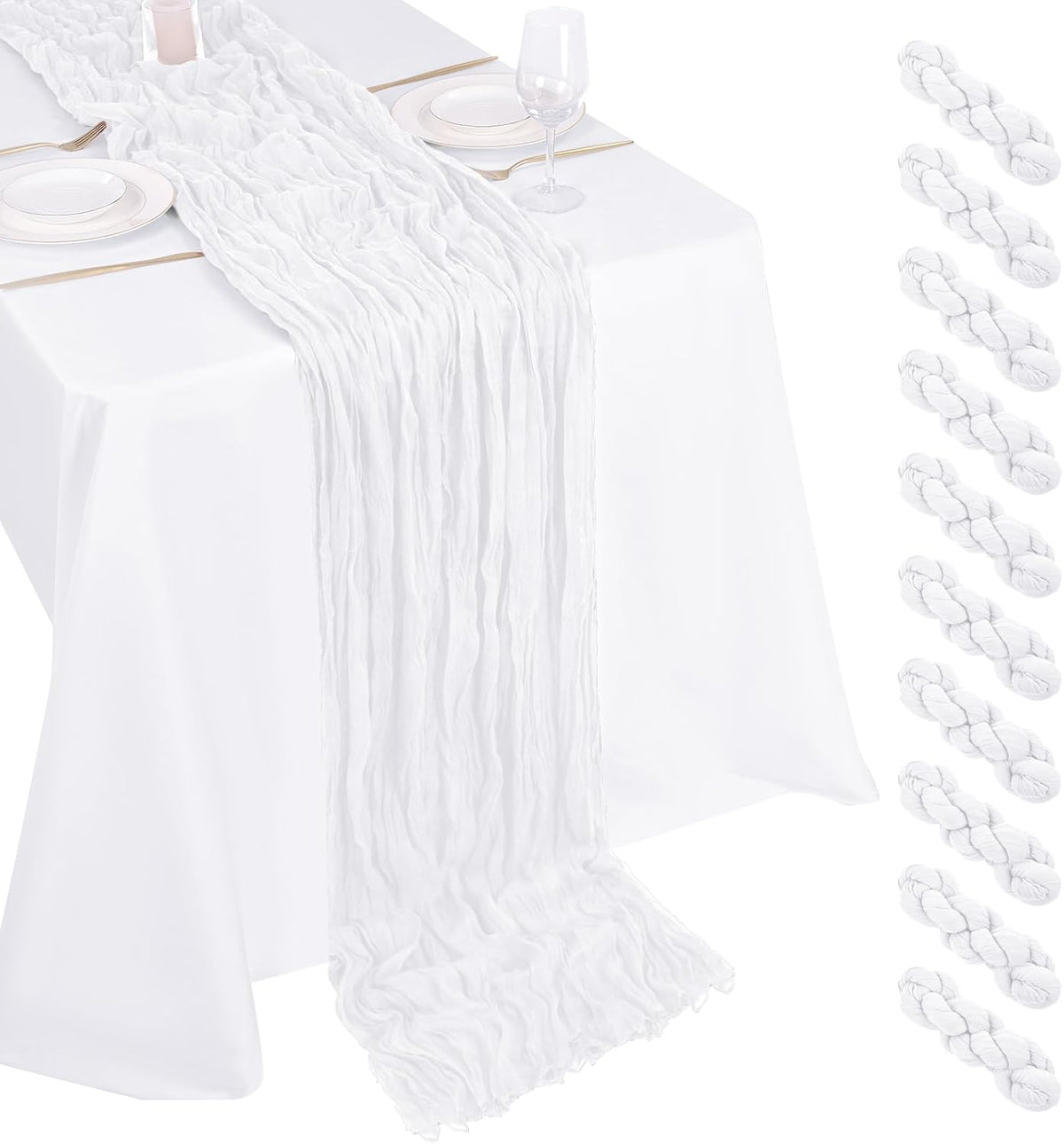 Set 10 Caminos de Mesa de Gasa Blanca Estilo Boho 17x108 Pulgadas – Decoración para Bodas y Eventos