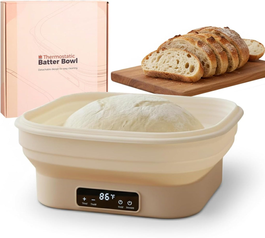 Food-Safe Silicone Bread Proofing Basket, 1 Gallon / 4L Capacity, 11" Electric Sourdough Starter Kit, 6 Temp Switchable, Auto-Shut off Heating Proofing Bowl, Timer, Dishwasher Safe, Gift for Bakers