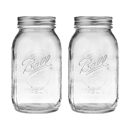 Ball Tarro Mason de boca regular de 32 onzas con tapas y bandas, transparente (paquete de 2)