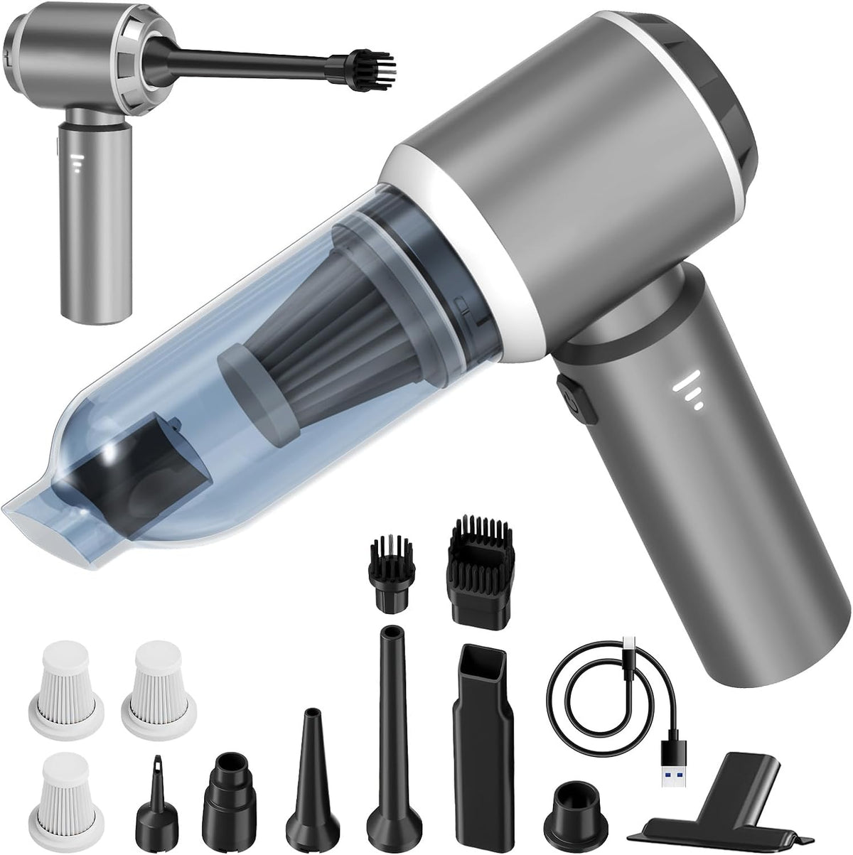 Aspiradora portátil inalámbrica 4 en 1 para coche y aspiradora de mano, 20000 Pa de alta potencia, recargable, con 3 filtros reutilizables, ideal para coche, hogar, oficina y mascotas (gris plateado).
