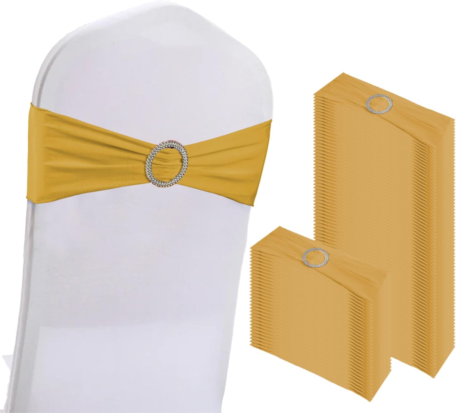 Gold Spandex Chair Sashes 100-Pack - 6"x14" Elastic Stretch Bows with Buckle Slider - Machine Washable - Reusable - For Wedding, Party, Banquet, Baby Shower & Events