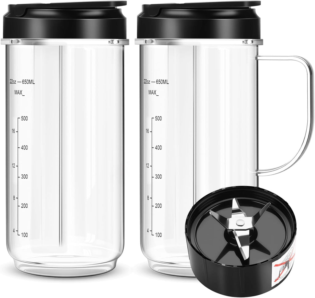 UBYNID 2 Vasos para Magic Bullet 22oz | con Tapa To-Go y Cuchilla de 4 Aspas | Repuesto Compatible con Magic Bullet 250W MB1001 | con Asa