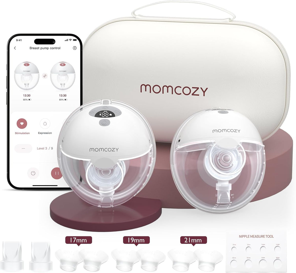 Extractor de leche portátil Momcozy M5 Smart controlado por aplicación, inalámbrico y manos libres, 3 modos, 9 niveles de succión, libre de BPA, portátil y ligero, con brida de 24 mm, paquete de 2 unidades, color gris quill.