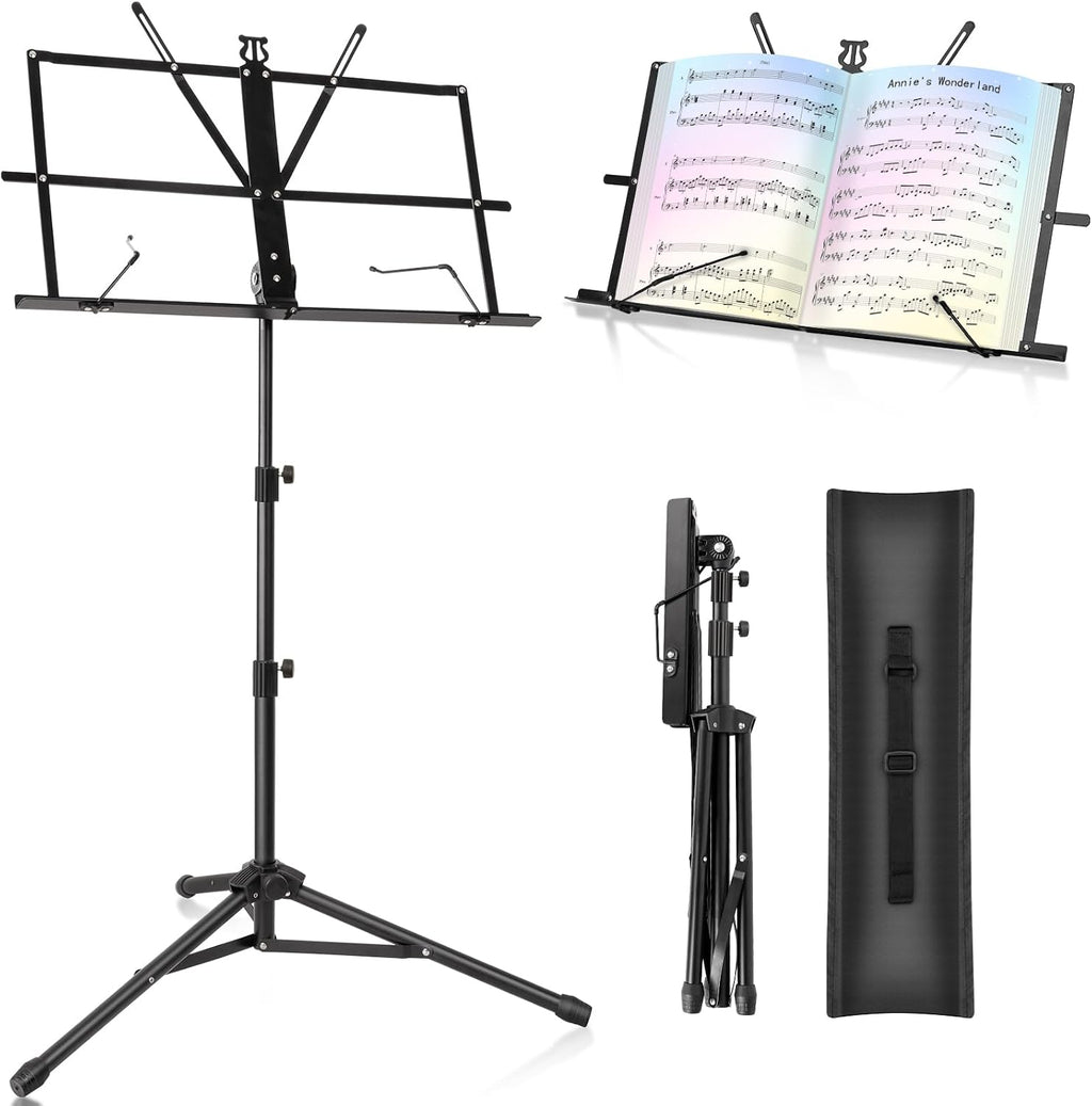 Atril de música New Bee plegable y portátil de metal con bolsa de transporte, soporte ajustable con base de trípode y carpeta para partituras - Negro
