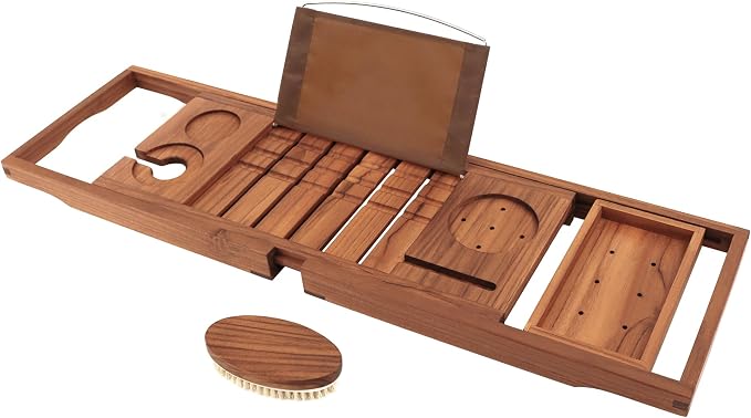 Bandeja de Bañera de Madera Teca Premium — Extensible, Accesorios de Baño de Lujo, Regalo Ideal