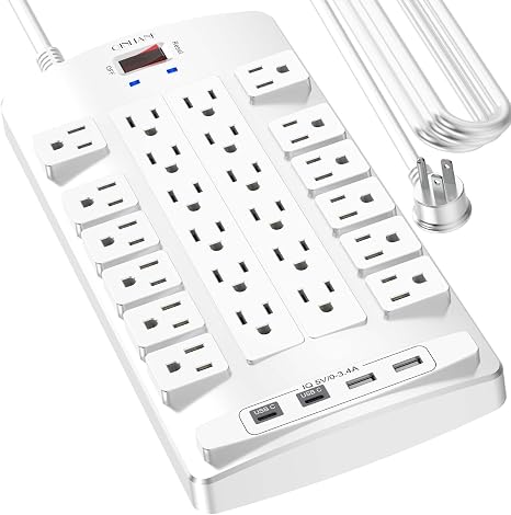 QINLIANF - Regleta protectora de sobretensiones, cable de extensión resistente de enchufe plano de 20 pies con 24 salidas y 4 puertos USB (2 puertos USB-C), 1875W/15A, 4100J, para el hogar, oficina