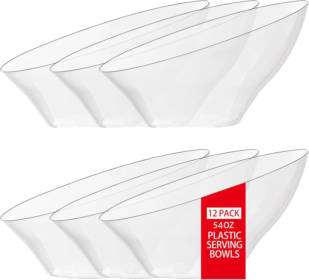 BUCLA Tazones de Servir de Plástico Transparente de 54 OZ (Paquete de 12) - Tazones de Servir en Ángulo Desechables para Chips y Dulces - Mesa de Fiesta Ensalada y Fruta