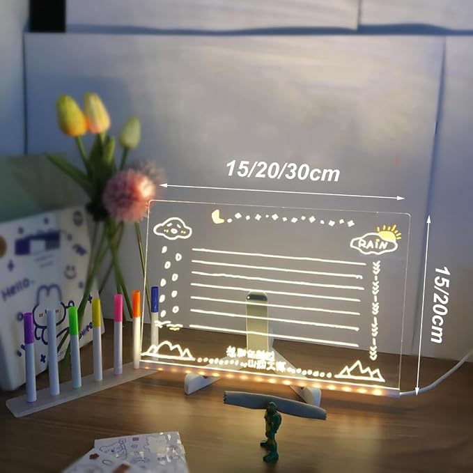 Tablero de notas LED con colores, pizarra de acrílico brillante para mensajes de texto, pizarra acrílica de borrado en seco con luz, pizarra de borrado en seco iluminado con soporte como tablero de