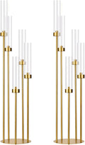 2 candelabros de pie dorados, portavelas de 5 brazos, portavelas alto de pie con pantalla acrílica para mesa de bodas, fiestas de cumpleaños y decoración del hogar. Aptos para velas LED cónicas.