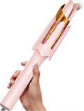 Rizador de pelo giratorio automático: 4 ajustes de temperatura y temporizador, rizador automático con apagado automático, antienredos y anti-quemaduras, rizador para rizos duraderos (rosa)