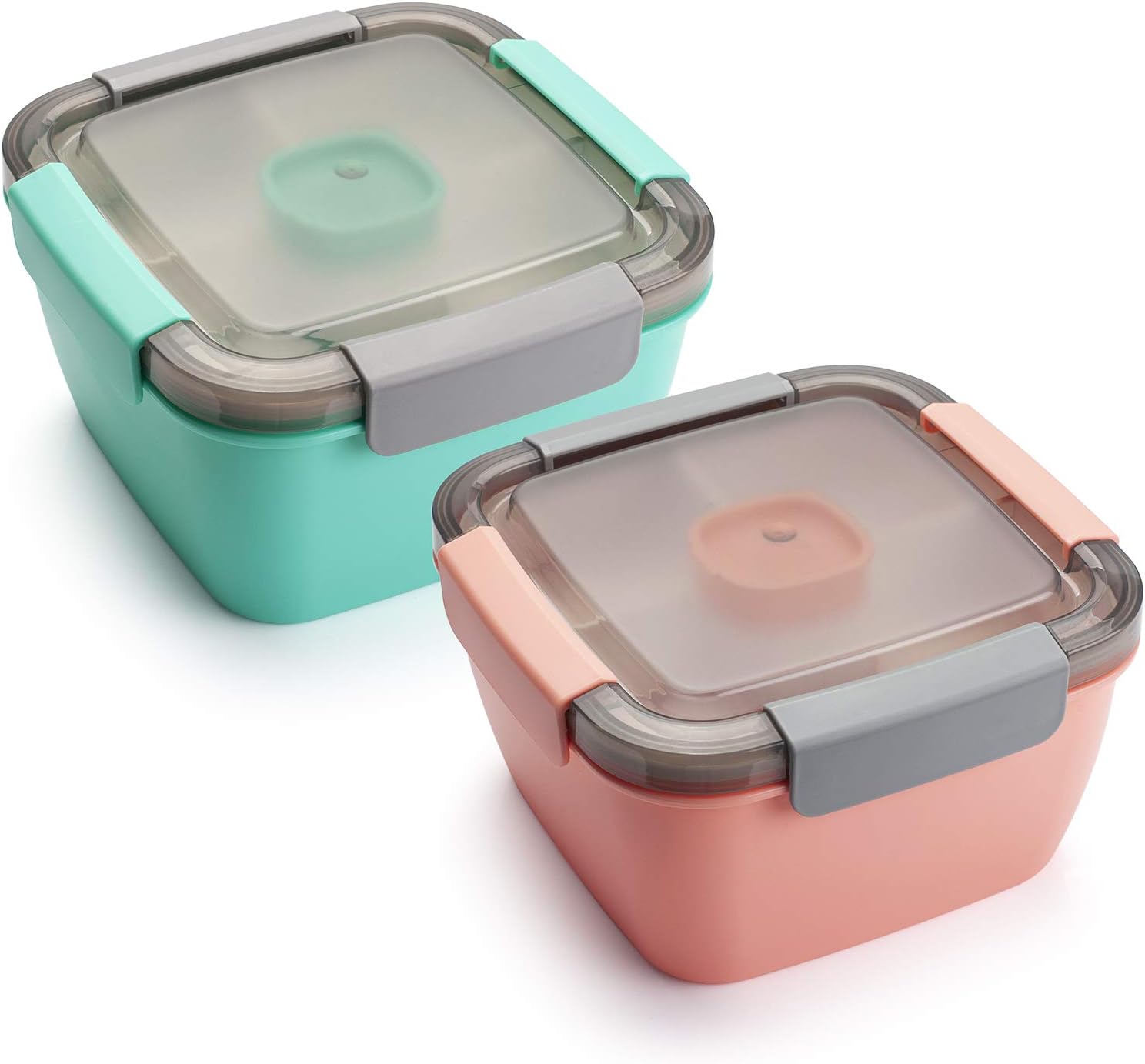 Contenedores de Ensalada Freshmage | Pack 2 | 52oz, 3 Compartimentos, Recipiente para Aderezo | Rosa y Verde