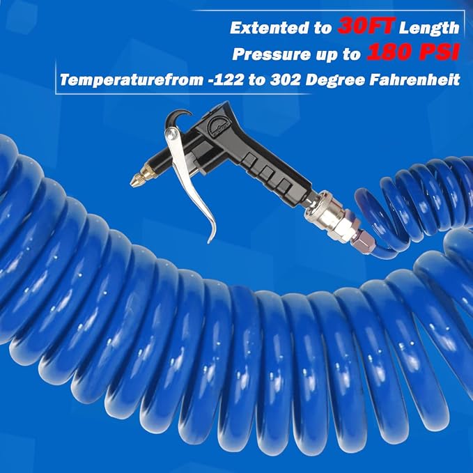 Kit Pistola de Soplado de Aire para Camión – Bobina de 29.5 ft y 2 Boquillas Intercambiables, Color Azul