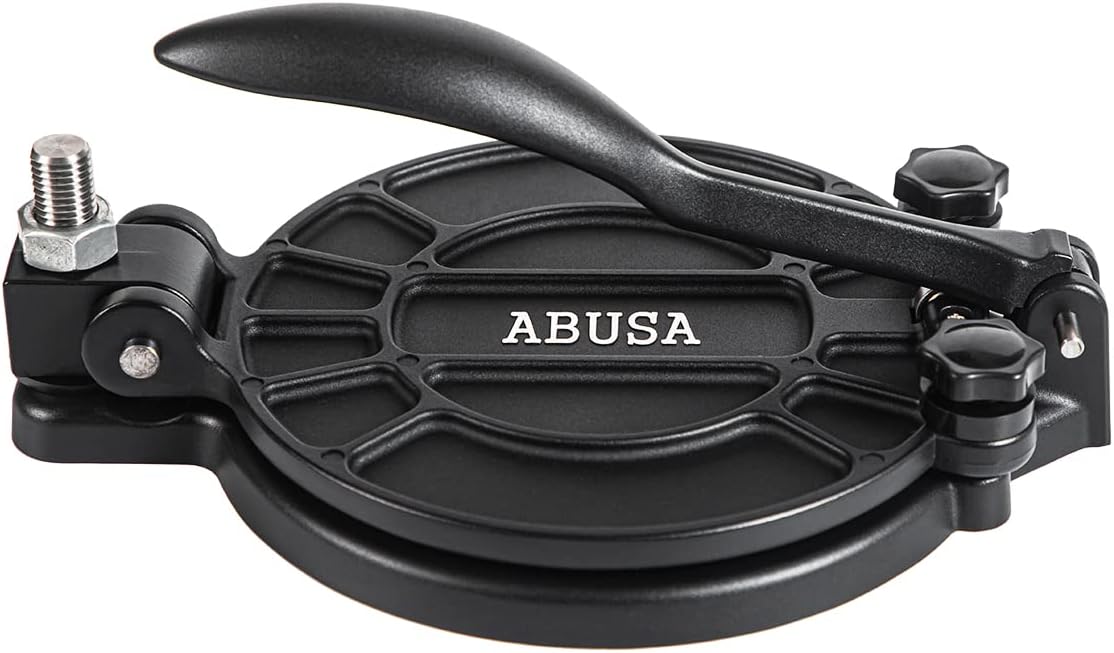 Prensa para tortillas de 8 pulgadas con grosor ajustable, color negro. Ideal para hacer roti, masa, dosa, tawa, tamales, pizzas, tartas y hamburguesas (se necesita papel de aceite o papel para hamburguesas adicional). 